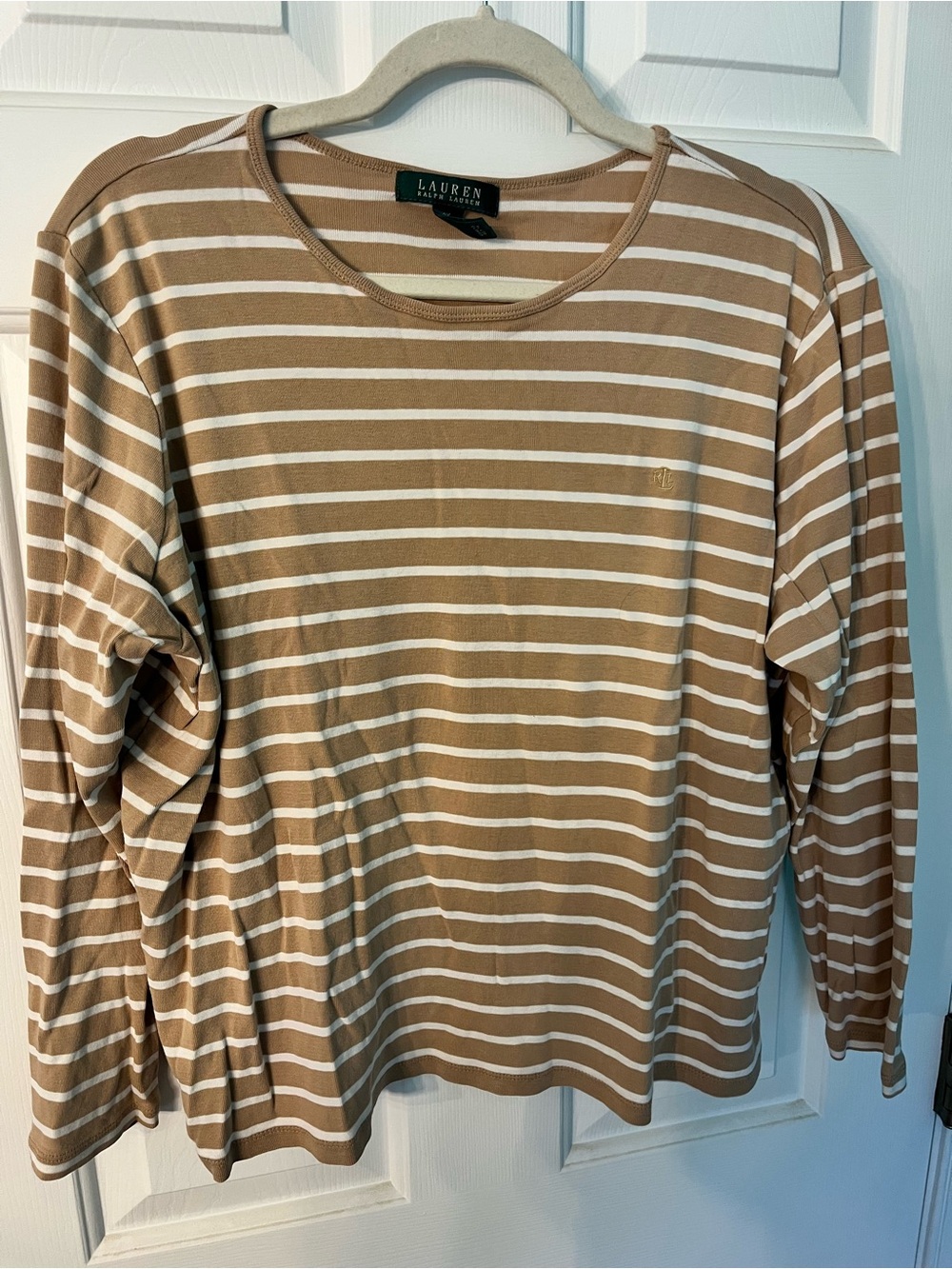 Lauren Ralph Lauren Tan Beige and White Striped Long Sleeve Top 2X